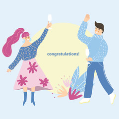People celebrating party concept. Funny cartoon characters having fun with cocktails and confetti. Happy men and women congratulate with birthday, holiday, anniversary, festival with text area