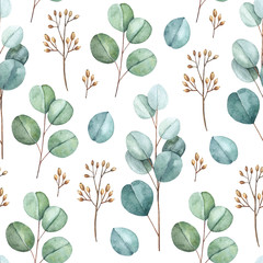 Watercolor floral seamless pattern with eucalyptus leaves and branches. Hand painted on white background. For design or background