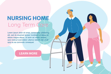 Old man with Zimmer frame walks with nurse. Nursing home, rehabilitative centres, long-term care facilities, private clinics concept. Health worker helps retiree with his physical recovery.