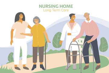 Old woman with walking stick talks with nurse. Retiree with Zimmer frame walks with doctor. Nursing home, long-term care facilities. Health worker helps retiree with his physical recovery.