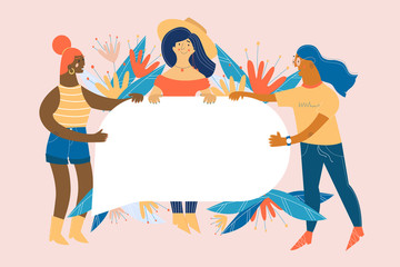 Group of women standing together holding empty banner. Girls holding sign board with flowers and leaves on backdrop. Vector cartoon characters with poster with text area on isolated background.