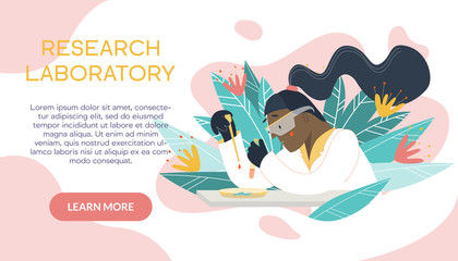 Scientist working in laboratory on the abstract background. Female medical researcher in white coat doing experiments and research with flasks. Chemistry medical lab research concept banner.
