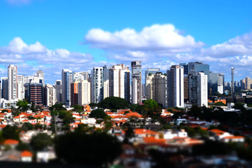 Miniature rooftop view of downtown skyscraper buildings by tilt-shift in Sao Paulo Brazil