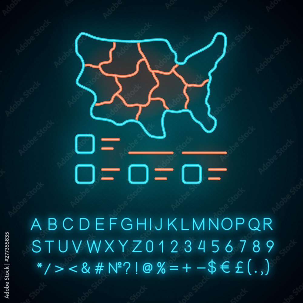 Poster neon light icon. diagram. usa map with statistics. data visualization. geographical differences grap