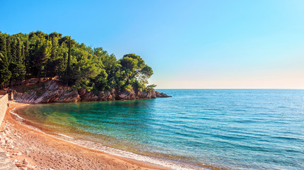 Picturesque summer view of Adriatic sea coast and Royal beach in Montenegro. Amazing spot to visiting in Europe