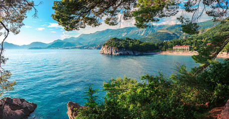 Picturesque summer view to Adriatic sea coast, villa Milocer with Royal beach in Montenegro,...