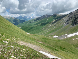 Russia, North Ossetia. The tops of the mountains forming the Zrug gorge 
