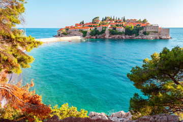 Picturesque summer view to the Sveti Stefan island, luxury resort on the Adriatic sea coast in...