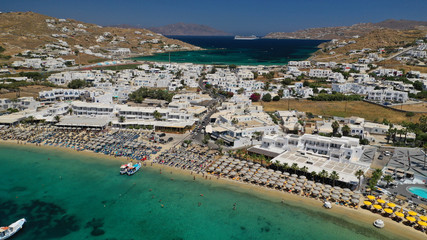 Aerial drone photo of paradise celebrity bay of Ornos famous for pool resorts and sandy turquoise...
