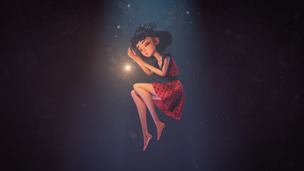 3d illustration of an asian girl sleeping in the air in deep space with stars. Young cartoon woman floating in the air. Girl sleeping in the dark near a shining star. Space art. Deep dream concept.