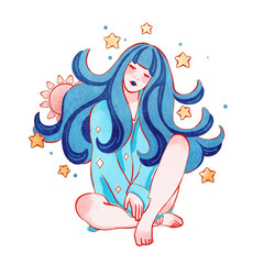 Digital illustration of a sleeping girl with Moon in her long blue wavy hair. A young woman sits dreaming and stars around her. Peaceful painting. Hand drawn gentle illustration of a beautiful woman.