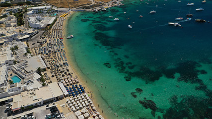 Aerial drone photo of paradise celebrity bay of Ornos famous for pool resorts and sandy turquoise...