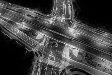 Road beautiful Aerial View of Busy Intersection , top view , Europe at night