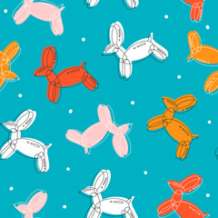 Doodle balloon dogs. Different colors. Hand drawn colorful vector seamless pattern. Trendy illustration. Flat design. Cartoon style. Blue background