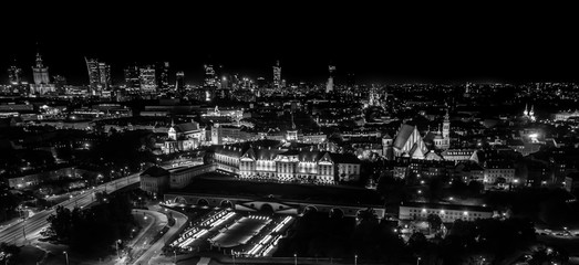 Night panorama of Warsaw, capital of Poland, Europe. Black and White. Aerial view