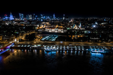 Obraz na płótnie Canvas Night panorama of Warsaw, capital of Poland, Europe. Aerial view