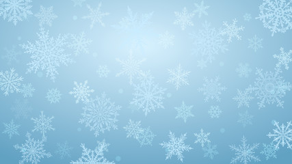 Christmas background with various complex big and small snowflakes in light blue colors