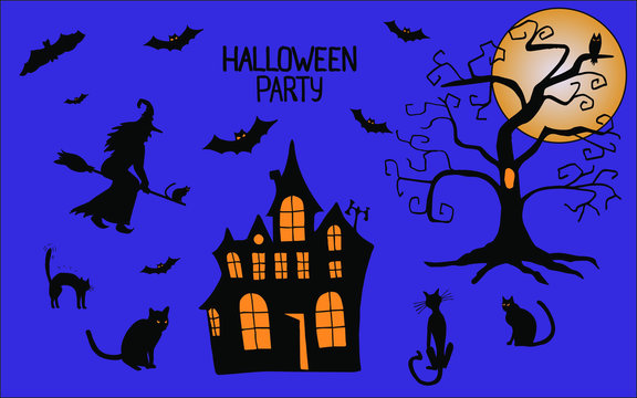 Halloween in doodling. Abstract background with evil bats, cats, a witch on a broom, an ominous castle and a gloomy tree with an owl. Can be used for wrapping paper, invitation, background, cards