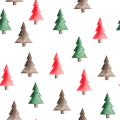 watercolor Christmas pattern with red car, trees, toys and sweets