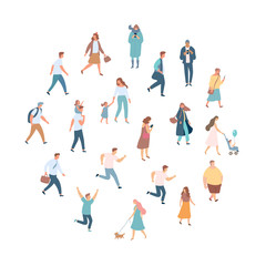 Crowd of people. Men and women flat vector set. Different walking and running people. Outdoor. Male and female. Flat vector characters isolated on white background.	