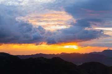 Mountain view on the morning with sea of fog and sunrise light.