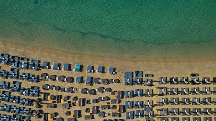 Aerial drone photo of paradise celebrity bay of Ornos famous for pool resorts and sandy turquoise...