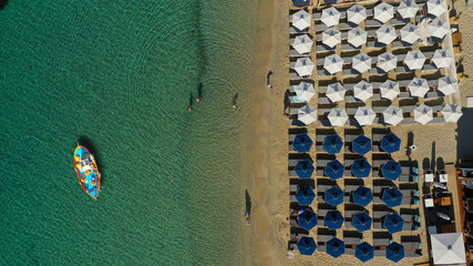 Aerial drone photo of paradise celebrity bay of Ornos famous for pool resorts and sandy turquoise...
