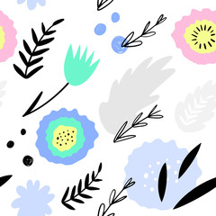 Fototapeta na wymiar Floral abstract seamless pattern. Hand drawn, Doodle style plants for packaging, textiles and other designs...