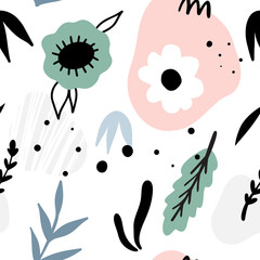 Floral abstract seamless pattern. Hand drawn, Doodle style plants for packaging, textiles and other designs...