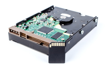 old hard drive near modern sd memory card on white background, close up. replacement with new...