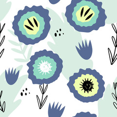 Floral abstract seamless pattern. Hand drawn, Doodle style plants for packaging, textiles and other designs...
