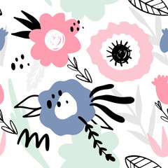 Floral abstract seamless pattern. Hand drawn, Doodle style plants for packaging, textiles and other designs...