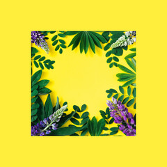 Creative nature frame made of tropical leaves and flowers on a yellow background. Flat lay. Summer concept.