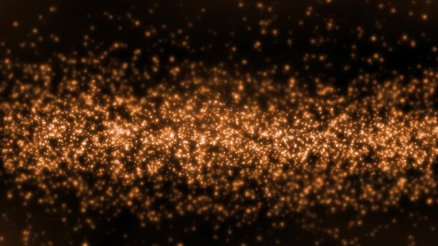 Loop abstract motion glitter shining sparkling gold particles. Shimmering dots moving in wavy smokey wave like river or ocean water surface. VJ wave seamless. Distance blur background