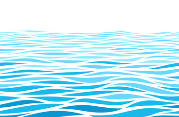 Blue water waves perspective landscape. Vector horizontal seamless pattern