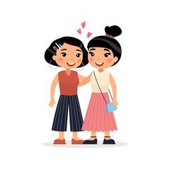 Two young Asian women friends hugging. Funny cartoon character. Vector illustration. Isolated on white background