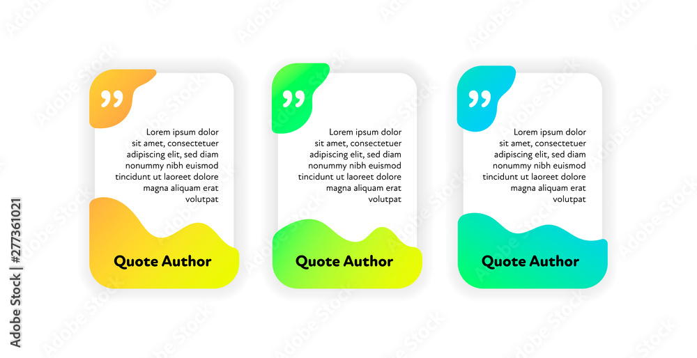 Poster set of vector fluid quote frame template. modern colorful gradient shapes background with commas aro