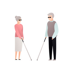 Vector blind character people flat illustration. A pair of senior man and woman in glasses with stick standing isolated on white background. Modern design element for social care service, relatioship