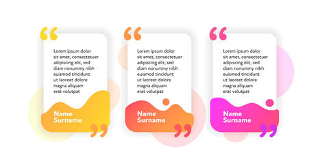Set of vector fluid quote frame template. Modern trendy colorful gradient shapes background with commas around place for text isolated on white. Design element for web, media, flyer, presentation.