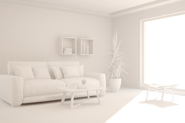 Mock up of stylish room in white color with sofa. Scandinavian interior design. 3D illustration