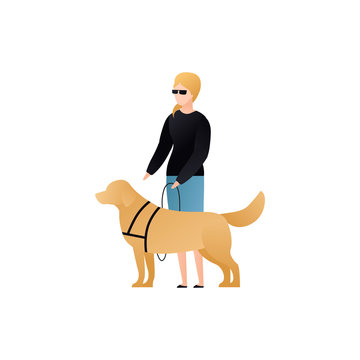 Vector Blind Character People Flat Illustration. Pair Of Female With Glasses Walking With Guide Dog Isolated On White. Modern Design Element For Social Care Service, Diversity, Accessebility, Guidance