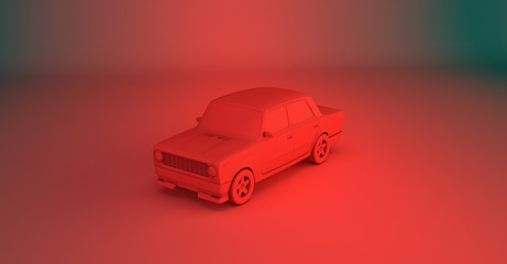 3D rendering of old car on colored background.  monochrome retro car