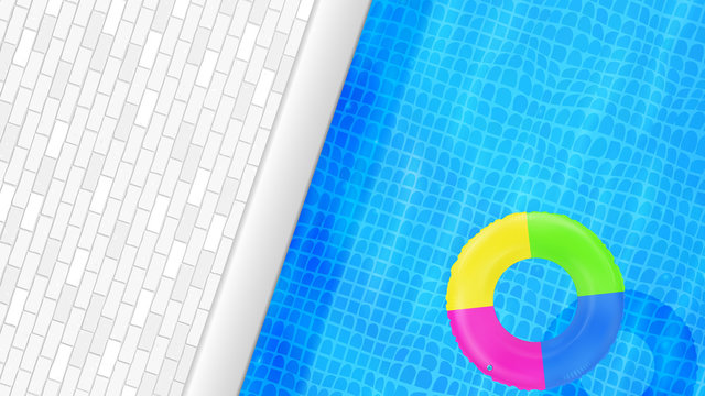 Swimming pool top view. Water background. Swim rings. Trendy. Inflatable rubber toy. Realistic summertime illustration. Summer vacation. Trip. Resort. Hotel. Top view swimming circles.