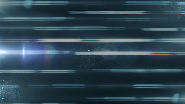 An impressive horizontal movement of neon broken lines flowing and bliking on black space background. Animation. Parallel lines move into different directions with light flares.