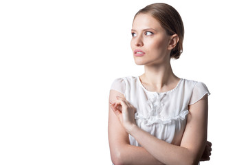 Portrait of beautiful young woman isolated on white background