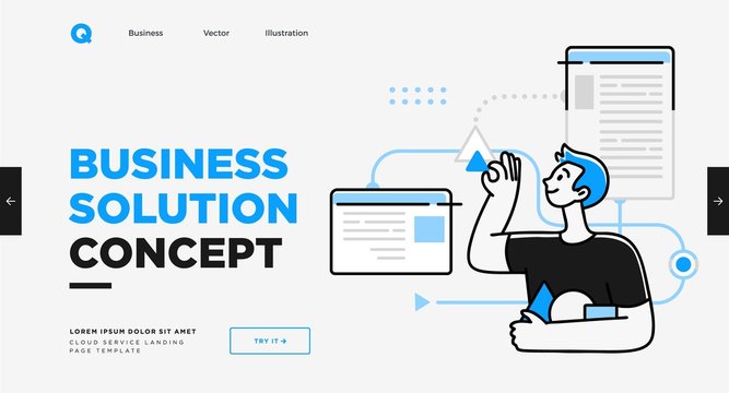 Presentation slide template or landing page website design. Business concept illustrations. Modern flat outline style. Research innovations and solutions