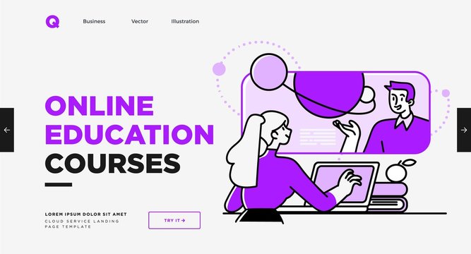 Presentation slide template or landing page website design. Business concept illustrations. Modern flat outline style. Online education courses
