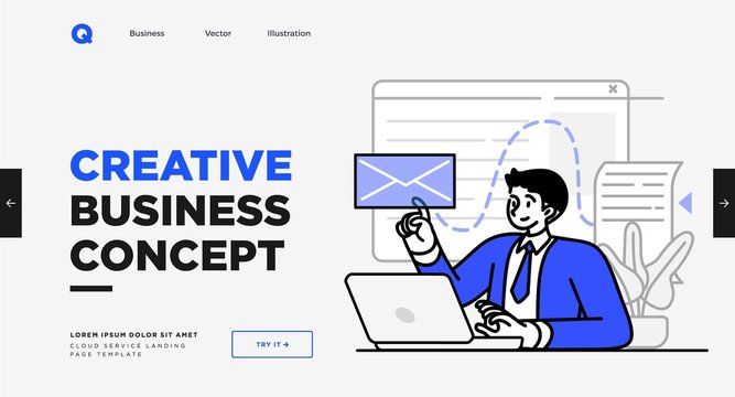Presentation slide template or landing page website design. Business concept illustrations. Modern flat outline style. Creative business concept