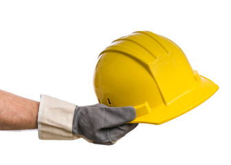 Male Hand wearing Working Glove with yellow safety helmet. Human Hand holding hard hat, Isolated on White Background.