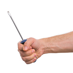 Male Hand with screwdriver. Human Hand holding tool, Isolated on White Background.